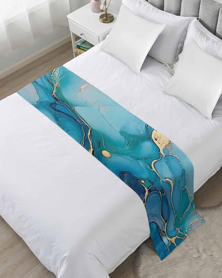 Modern Turquoise Bed Runner Scarf Cal King Size, Abstract Teal Gold Marble Textured Luxury Bed Throw Runners & Scarves for Twin Full Queen King Foot of Bed, Bedroom Hotel Decoration, 102"x20"