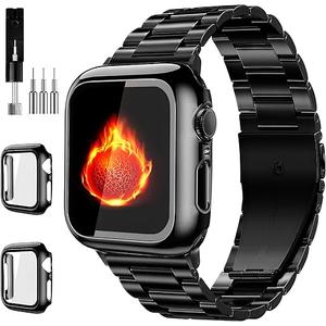 Compatible with Apple Watch Band 44mm, Stainless Steel iWatch Bands with 2 Pack Tempered Glass Screen Case for Series 10/9 Ultra 2 8/7/6/5/4/3/2/1/SE for Men