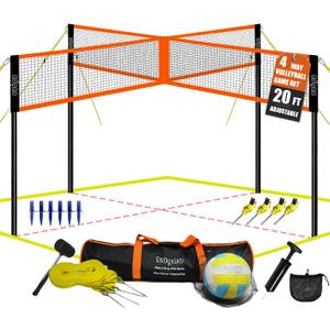 Zdgao 14 ft/20 ft 4-Way Volleyball and Badminton Combo Net with Soft Volleyball, Rubber Hammer and Carry Bag, Adjustable Height Four Square Volleyball Game Set for Backyard and Beach (20FT BLACK & ORANGE)