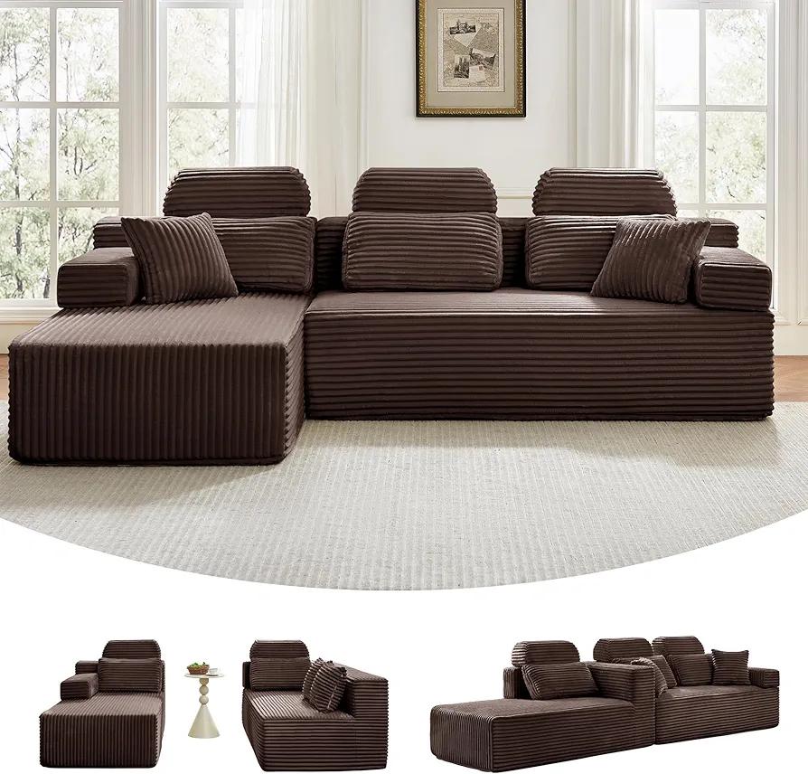 104" L Shaped Boneless Couch Sectional Sofa with Chaise & Headrest, Boneless Deep Seat Plush Corduroy Couches for Living Room, No Assembly Required (Brown, 104" L-shapred Chaise)