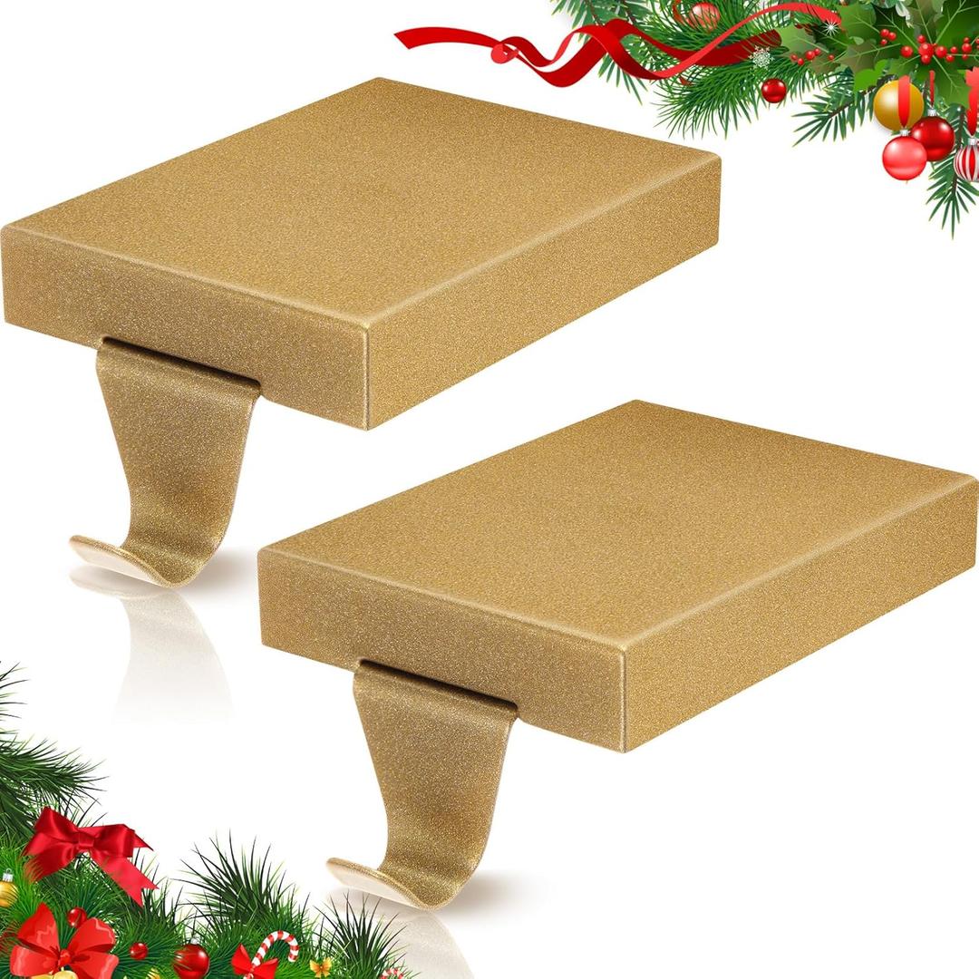 Zonon Christmas Stocking Holders for Mantle Heavy Duty Iron Stocking Hangers Hooks Mantel with Non-Slip Protective Pad, Mantle Garland Hanger for Fireplace Stair Home Shelf Decor(Gold,4 Pcs)