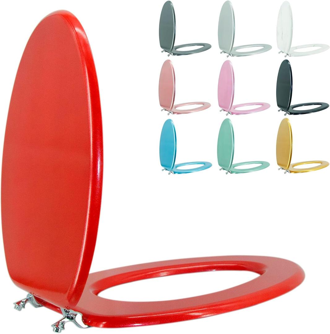 Elongated Toilet Seat Wood Toilet Seat Prevent Shifting with Zinc Alloy Hinges American Standard Size Toilet Seat Easy to Install also Easy to Clean (Elongated,Sparkling Christmas Red)