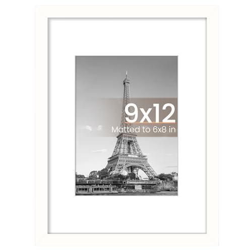 upsimples 9x12 Picture Frame, Display Pictures 6x8 with Mat or 9x12 Without, Wall Hanging Photo Frames, White, Pack of 1
