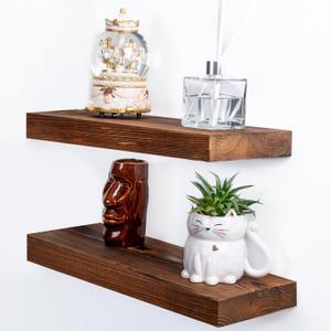 2 Pc Natural Pine Wooden Floating Shelves for Wall with No Drilling; Wall Mounted Wood Shelf Set; Wall Shelves for Living Room, Bathroom, Kitchen and Bedroom Bookshelf (Walnut Color, 16 inch)