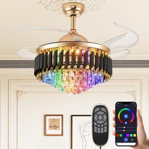42" Bluetooth Ceiling Fan with Speaker, RGB-LED Dimmable Light 6 Speeds Reversible Blades Modern Fandelier Chandelier with Remote APP Control Memory Timer Function for Bedroom Gold