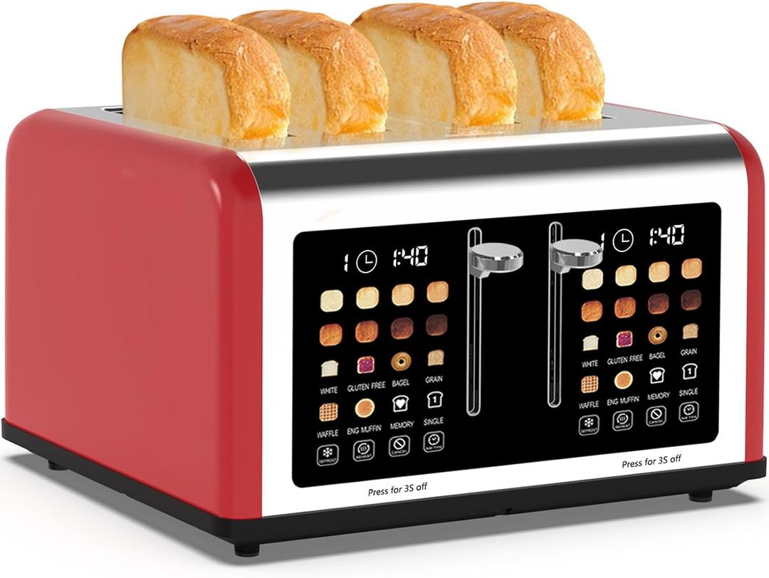 4 Slice Toaster Touch Screen, Stainless Steel Toasters Digital Timer, Dual Control Panel Toasters, 8 Shade Settings 6 Bread Types for Bagel, Cancel, Defrost 1650W Red