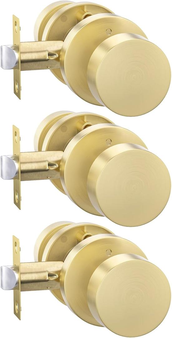 Goldenwarm Gold Door Knobs Interior, Heavy Duty Zinc-Alloy Privacy Brushed Gold Interior Door Knobs, Brushed Brass Indoor Doorknobs for Bedroom, Bathroom (3 Pack)
