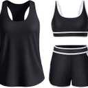 Daci Women 3 Piece Tankini Swimsuits - Tummy Control Bathing Suit Sport Bra Modest 2 Pockets Boyshorts 2026 (Black, XXL)