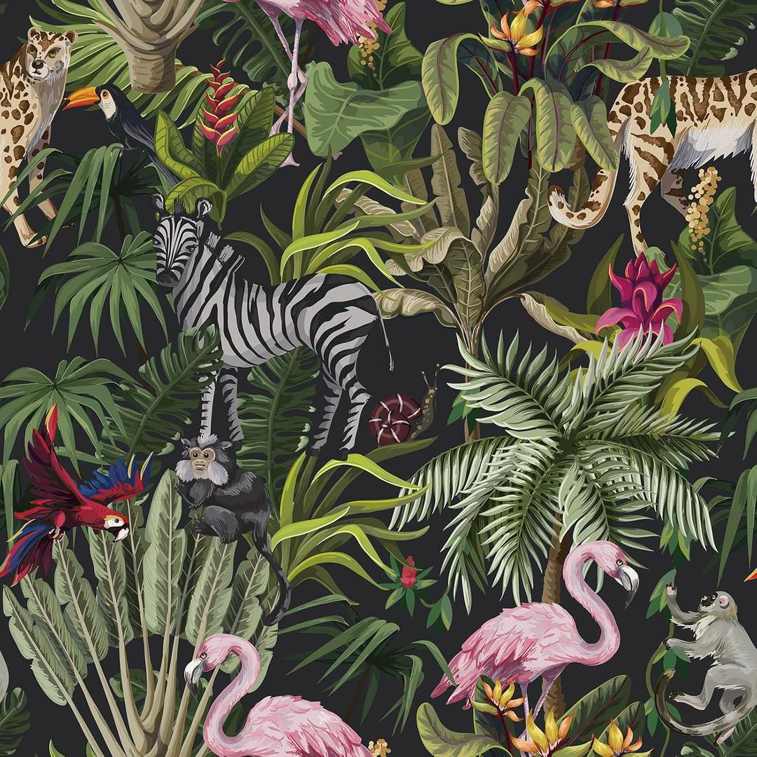 CRE8TIVE 24"x118" Jungle Animal Peel and Stick Wallpaper Zebra Leopard Monkey Bird Wallpaper Tropical Forest Palm Tree Leaf Contact Paper Self Adhesive Removable Floral Wall Mural for Nursery Bedroom