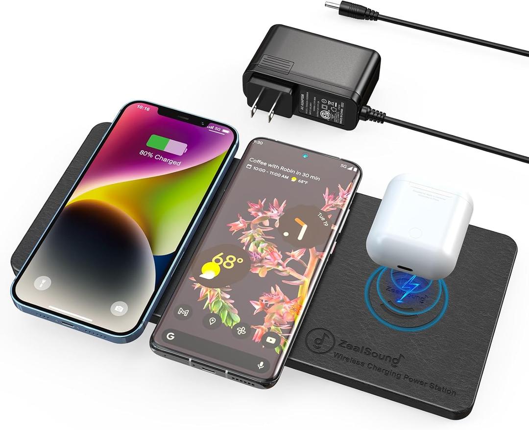 ZealSound Wireless Charging Pad, 3 in 1 Charger Mat for iPhone, Samsung Galaxy, Pixel, AirPods & Galaxy Buds, 24W Adapter Included, Ultra Slim, Case Friendly, PU Leather, for Home Office & Travel