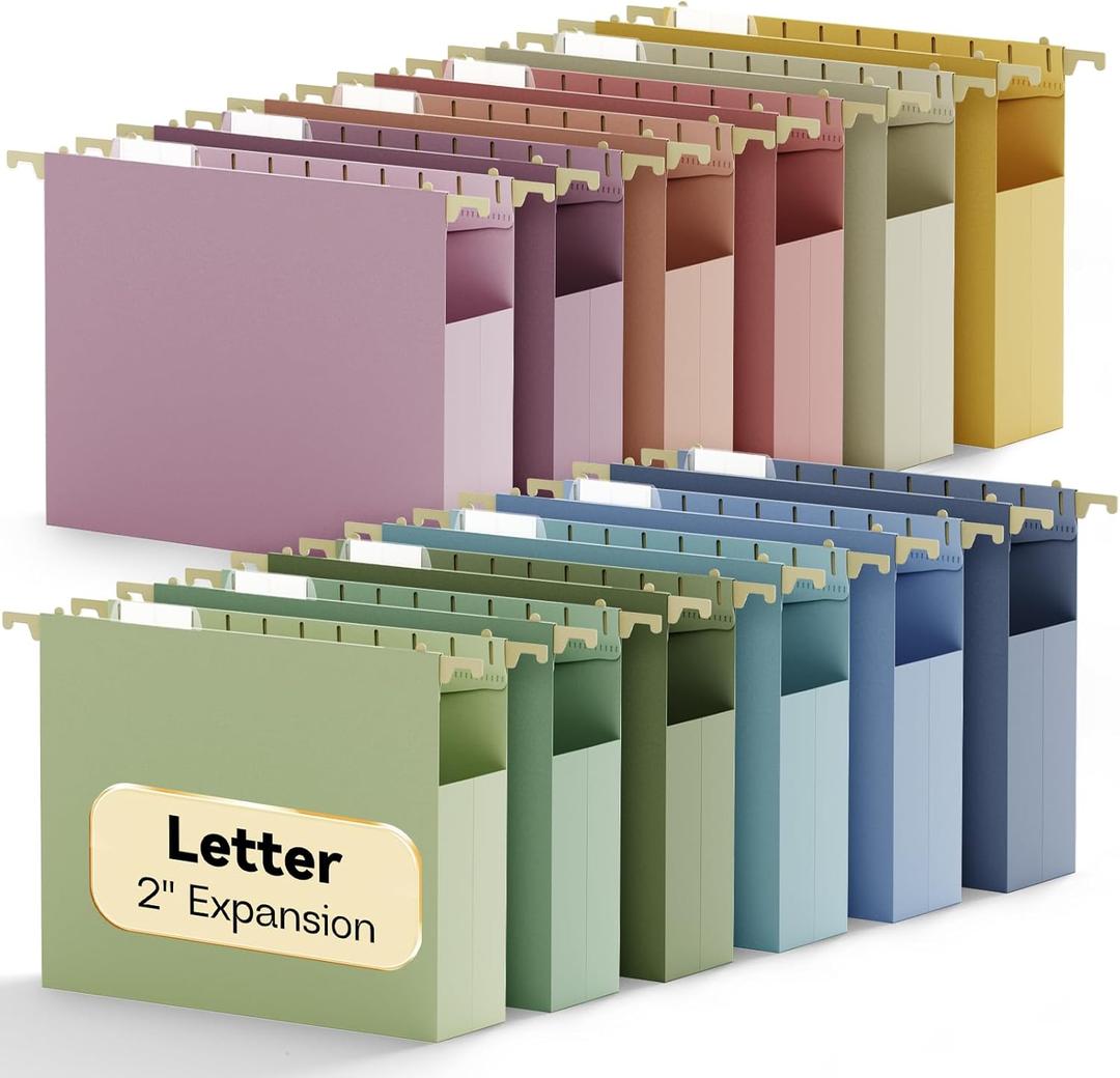 Letter Size Hanging File Folders Extra Capacity,2" Expandable Plastic Hanging File Organizer for Filing Cabinet Office Home,12 Pack Sturdy Pastel Heavy Duty Hang Folder with Tabs,for File Box