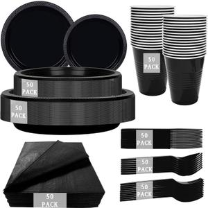 MirthMood 350PCS Black Disposable Plates,Black Plates,Plastic Party Supplies, Includes 50 Dinner Plates, 50 Salad Plates, 50 Silverware, 50 Napkins and 50 12OZ Cups for Wedding & Birthday & Party