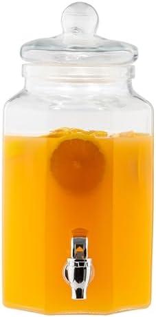 TableCraft Octagon Classic Beverage Dispenser, 1 Gallon Clear Soda Lime Glass Drink Server with Lid and Knob Top, 6" x 8" x 12.5", Vintage Style Countertop Container for Parties, Brunches and Catering