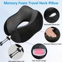 Airplane Pillow, Travel Neck Pillow with Memory Foam - Adjustable Buckle & Machine Washable Cover for Flights, Car, Office - Includes Eye Mask & Ear Plugs(Black) (Black and Gray)