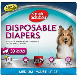 Simple Solution Female Dog Diapers  Disposable Leak-Proof Diapers for Incontinence, Potty Training, and Heat Cycle  Adjustable Fit for Medium Dogs with 1523 Inch Waist  30 Count