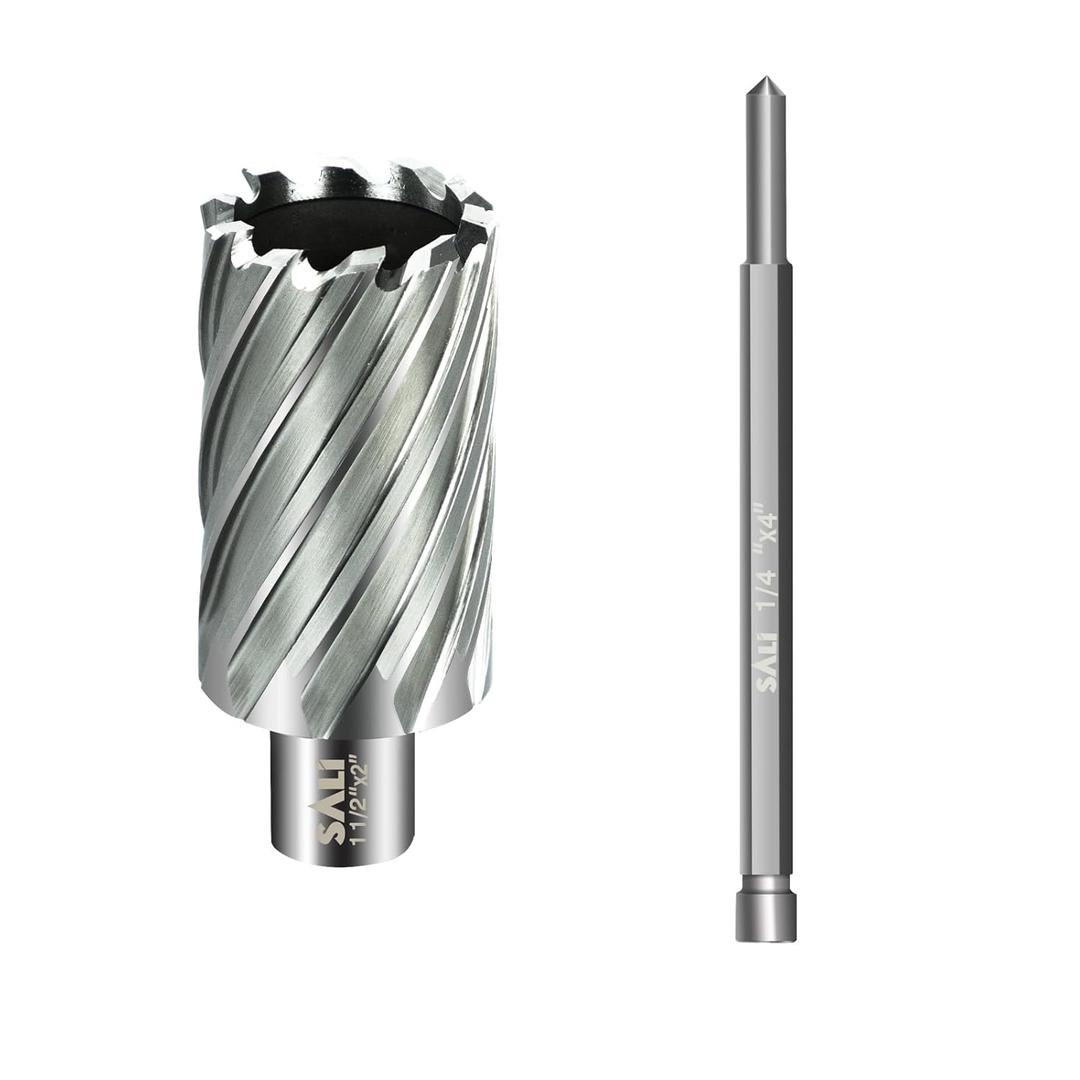 SALI Annular Cutter Diameter 1-1/2 Inch with Weldon Shank 3/4" (with 2 Flats) Cutting Depth 2" Mag Drill Bit for Magnetic Drill Press HSS Fully Ground Drill with One 1/4"*4" Pilot Pin