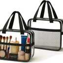XEWEA 2PCS Middle TSA Approved Clear Travel Toiletry Bags for Men Women, Transparent Makeup Cosmetic Bag with Handle Zipper, Waterproof PVC Quart Organizer Pouch for Airport Airline Essential, Balck