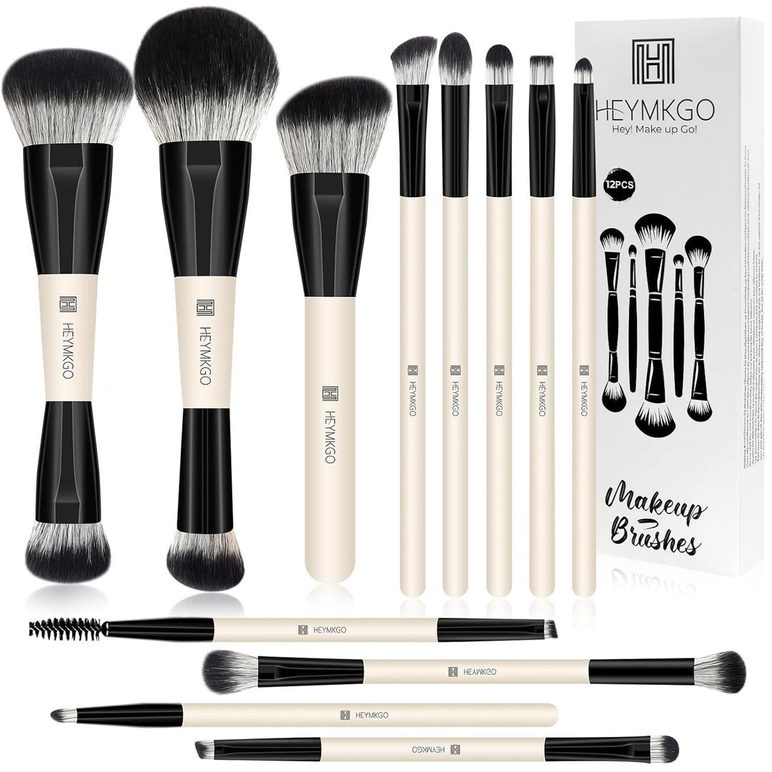 HEYMKGO Makeup Brushes Set, 12Pcs Professional Dual-ended Foundation Contour Powder Eyeshadow Brushes for Liquid, Cream, Powder for Blending Face Brush Tools - Bag Included, Great for Travel, Black