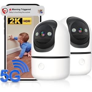 Indoor Security Camera 2 Packs, 2K 5G WiFi Baby/Pet/Dog/Nanny Cameras for Home Security, 360 PTZ Security Cameras with US Servers Phone App, 911 One-Tap Call,AI Smart Detection,2 Way Talk,Privacy Mode