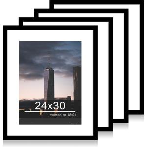 24x30 Picture Frame Set of 4, 24 x 30 Wood Photo Frames with Mat for 18x24, Wooden Frame for Wall and Tabletop Display, Black, 24x30-4Pack