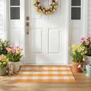 Spring Yellow and White Plaid Rug, 2'4" x 3'7" Cotton Blend Layered Doormat Rug for Front Door, Hand-Woven Washable Entryway & Porch Decor