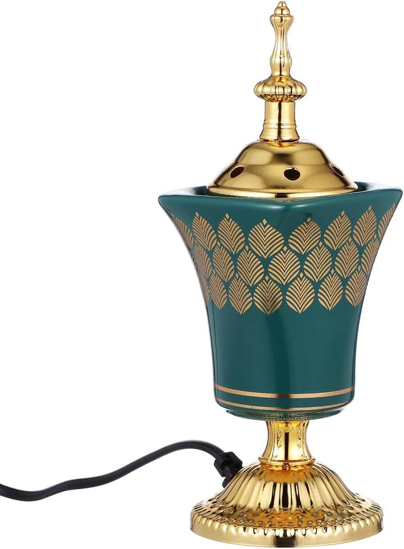 Cabilock Electric Incense Burner Metal Bakhoor Burner Holder Oud Frankincense Resin Burner for Yoga Spa Office Home Decor Green