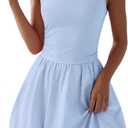 KIRUNDO Summer Dresses for Women 2026 Cute Mini Sleeveless Bubble Dress | Stretchy Ruched Front Cinched Waist, Woven Balloon Skirt, Crewneck Tank Sundress With Pockets, Casual Party Vacation Outfits (Blue, XL)