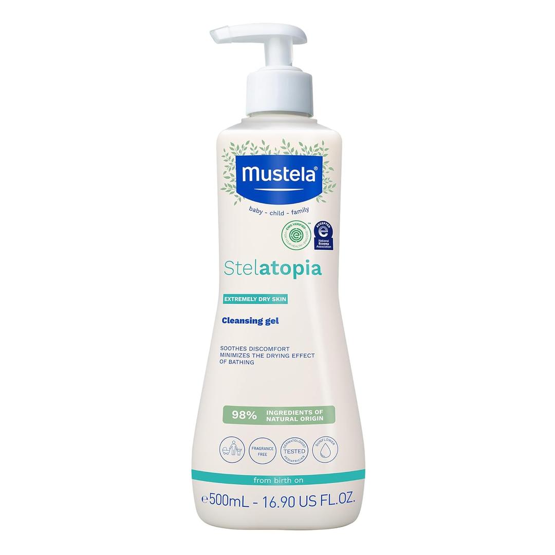 Mustela Stelatopia Eczema-Prone Skin Cleansing Gel - Baby Face & Body Wash with Natural Avocado & Sunflower Oil - Fragrance-Free & Tear Free - Various Sizes (16.9 Fl Oz (Pack of 1))