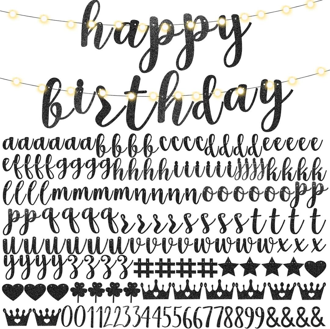 TaoBary 167 Pcs DIY Banner Kit Happy Birthday Glitter Banner Customizable Glitter Make Your Own Kit 162 Letters Symbols and Numbers 3 Rope for Birthday Halloween Wedding Christmas(Black)