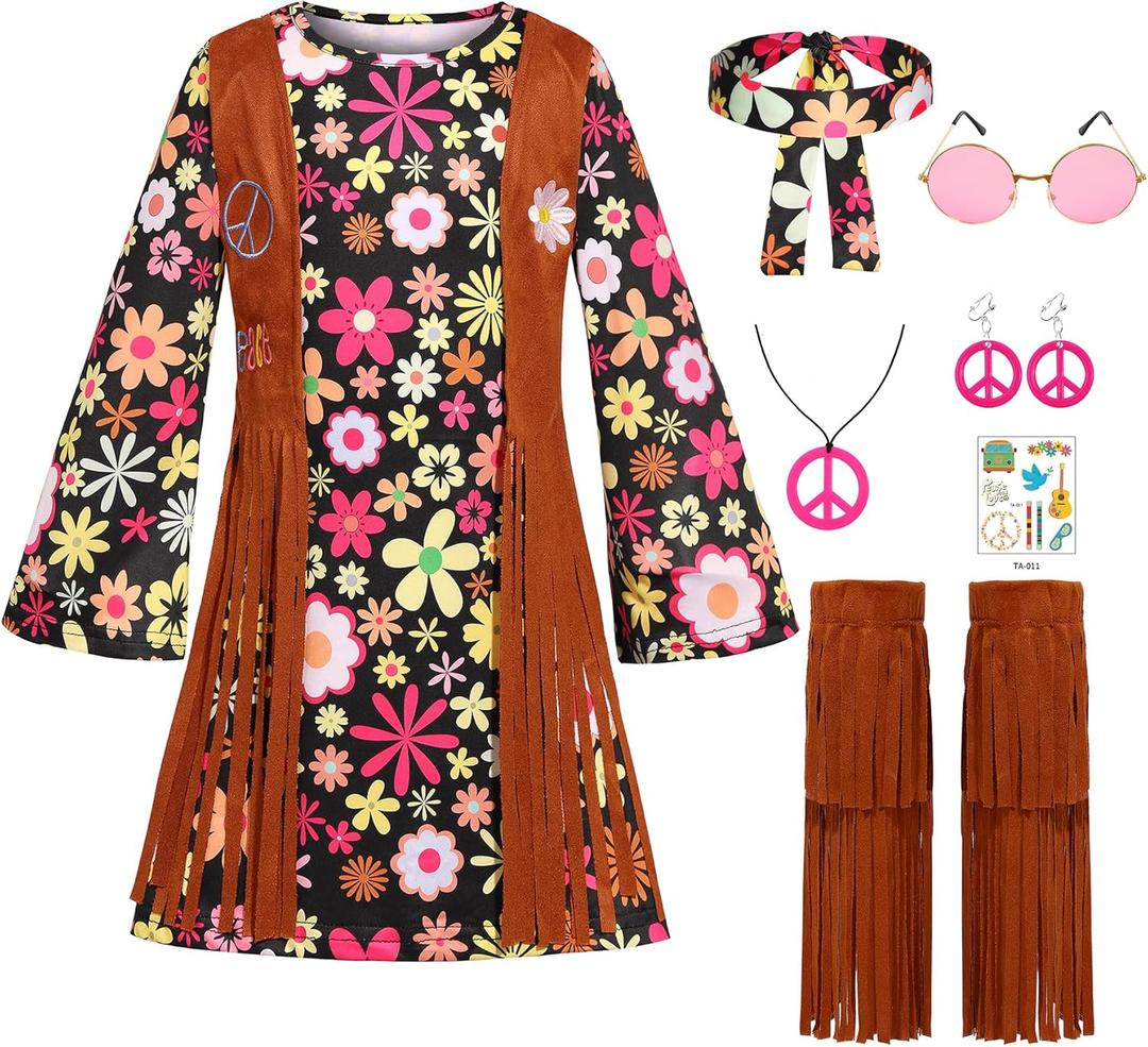 Cuteshower Kids Hippie Costume for Girls 60s 70s Hippie Dress for Halloween Party Outfit (8-9 Years)