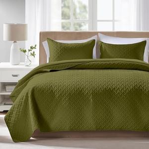 FLYMME Quilts Queen Size,Lightweight Olive Green Bedspreads,Basket Weave Pattern,Ultra Soft Microfiber Bed Coverlet 3 Pieces for All-Seasons (1 Quilt,2 Shams)