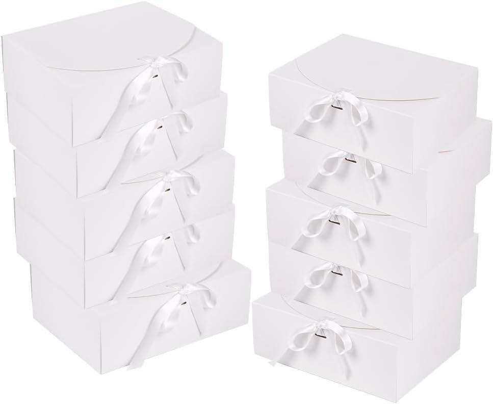 10 Pack Gift Boxes with Ribbon 10x7.5x3.5 Inch - Cardstock Wedding Favor Boxes for Bridesmaid Proposals, Birthday & Holiday Gift Packaging (White)