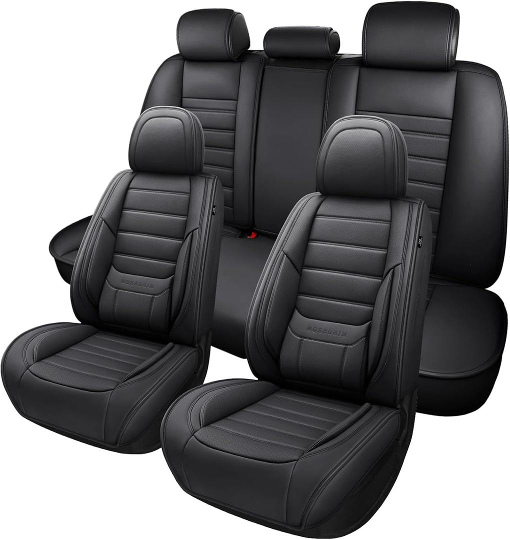 MINGBRON Black Car Seat Cover with Lumbar Support, Car Seat Protector Waterproof, Nappa Leather Car Seat Cushion, Car Seat Covers Front Seats and Back Fit for Most Cars