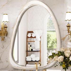 Irregular Wall Mirror White Asymmetrical Modern Mirror Wood Framed Unique Artistic Mirrors for Wall Decorative Vanity Mirrors for Bedroom Living Room Entryway Horizontally or Vertically Hanging