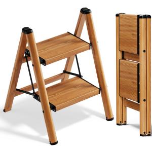 SOLADDER 2 Step Ladder, Folding Step Stool with Anti-Slip Wide Sturdy Pedal, Multi-Use for Home and Kitchen Use, Space Saving-Woodgrain(300lbs Capacity)