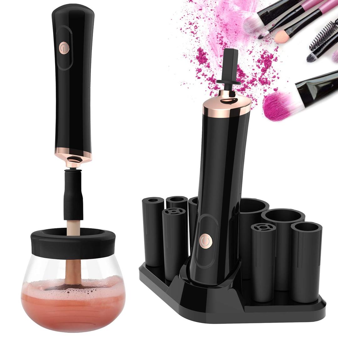 Senbowe Upgraded Makeup Brush Cleaner and Dryer Machine, Electric Cosmetic Automatic Brush Spinner with 8 Size Rubber Collars, Wash and Dry in Seconds, Deep Cosmetic Brush Spinner for All Size Brushes (Black)