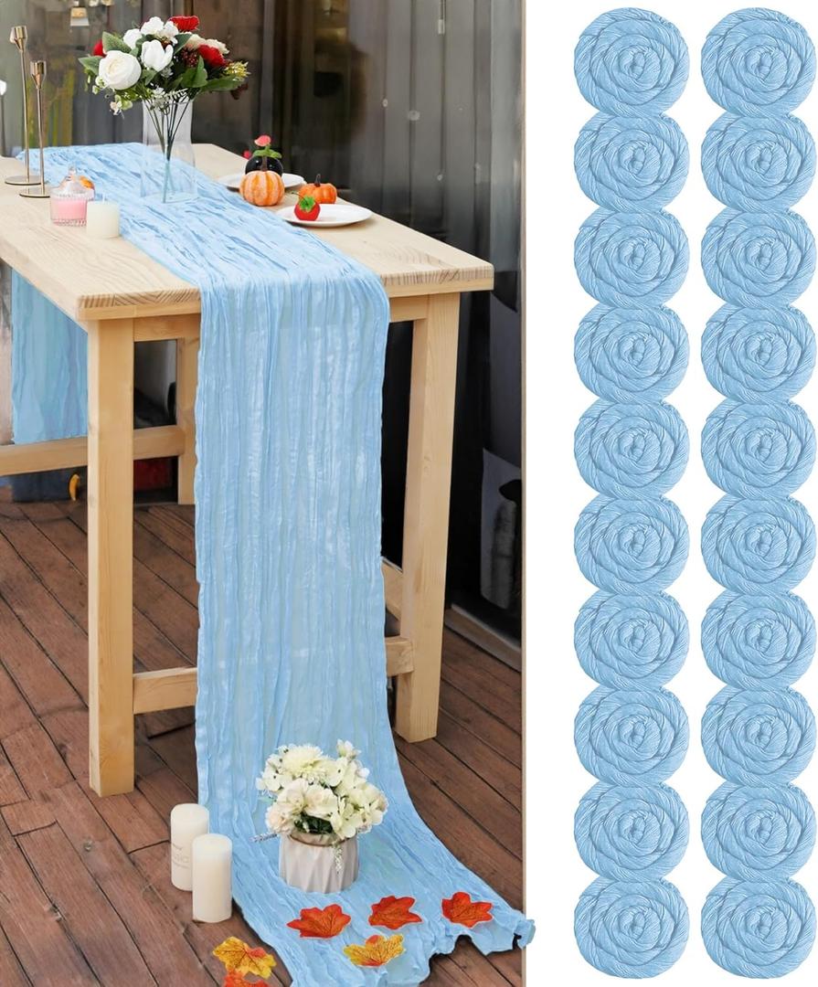 20 Pcs Baby Blue Cheesecloth Table Runner 10FT Romantic Cheese Cloth Table Runner Gauze Table Runners Rustic Runner for Wedding Birthday Party Engagement Bridal Baby Shower Spring Table Decoration