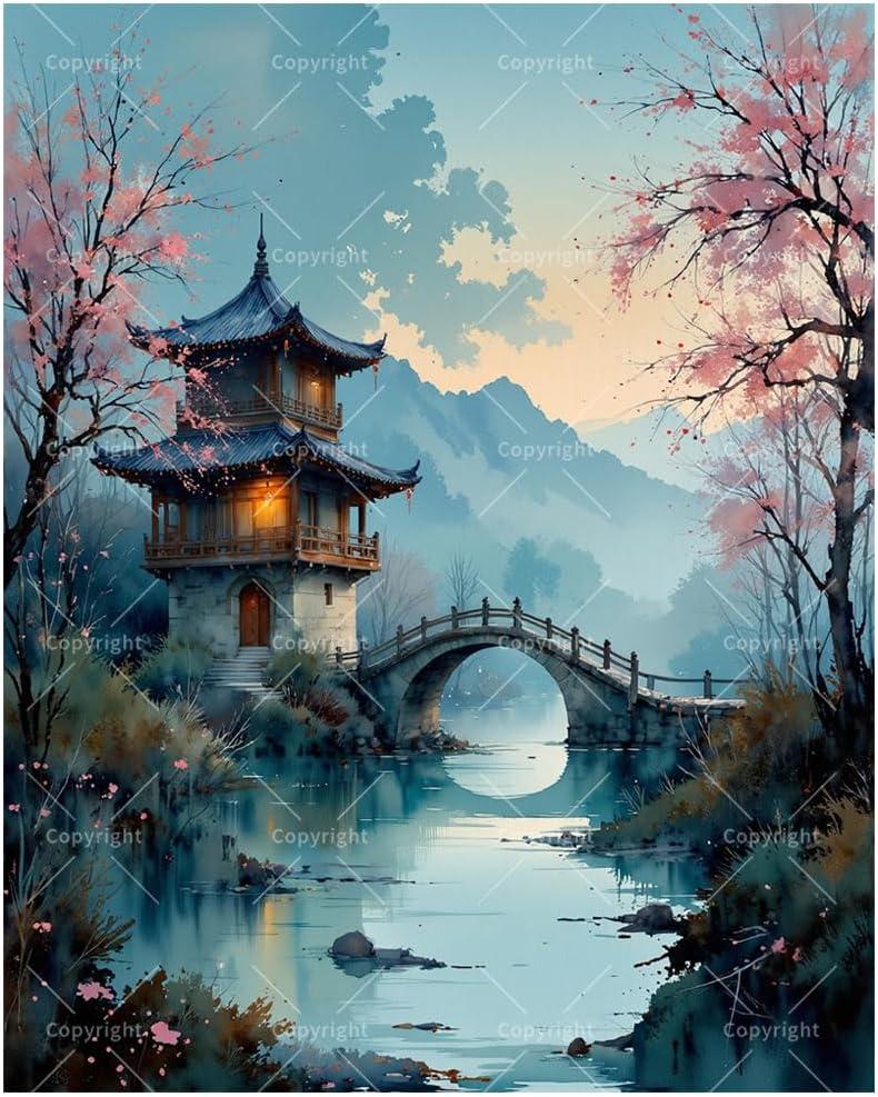 Oriental Landscape Paint by Numbers Kit for Adults - DIY Chinese Pavilion with Bridge Painting on Canvas 16x20In, Framed Acrylic Paint Set, Suitable for Beginners, Art for Home Decoration/Gifts, 1620in Framed