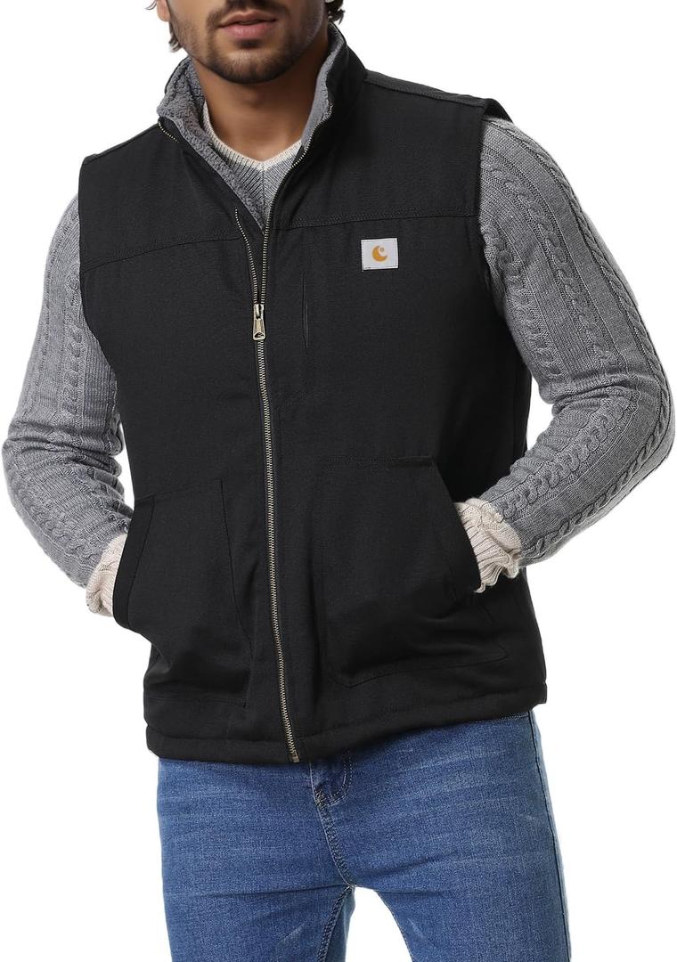 Men's Loose Fit Workwear Vest Fleece-Lined Durability Waterproof Mock-Neck Vest (Black, M)