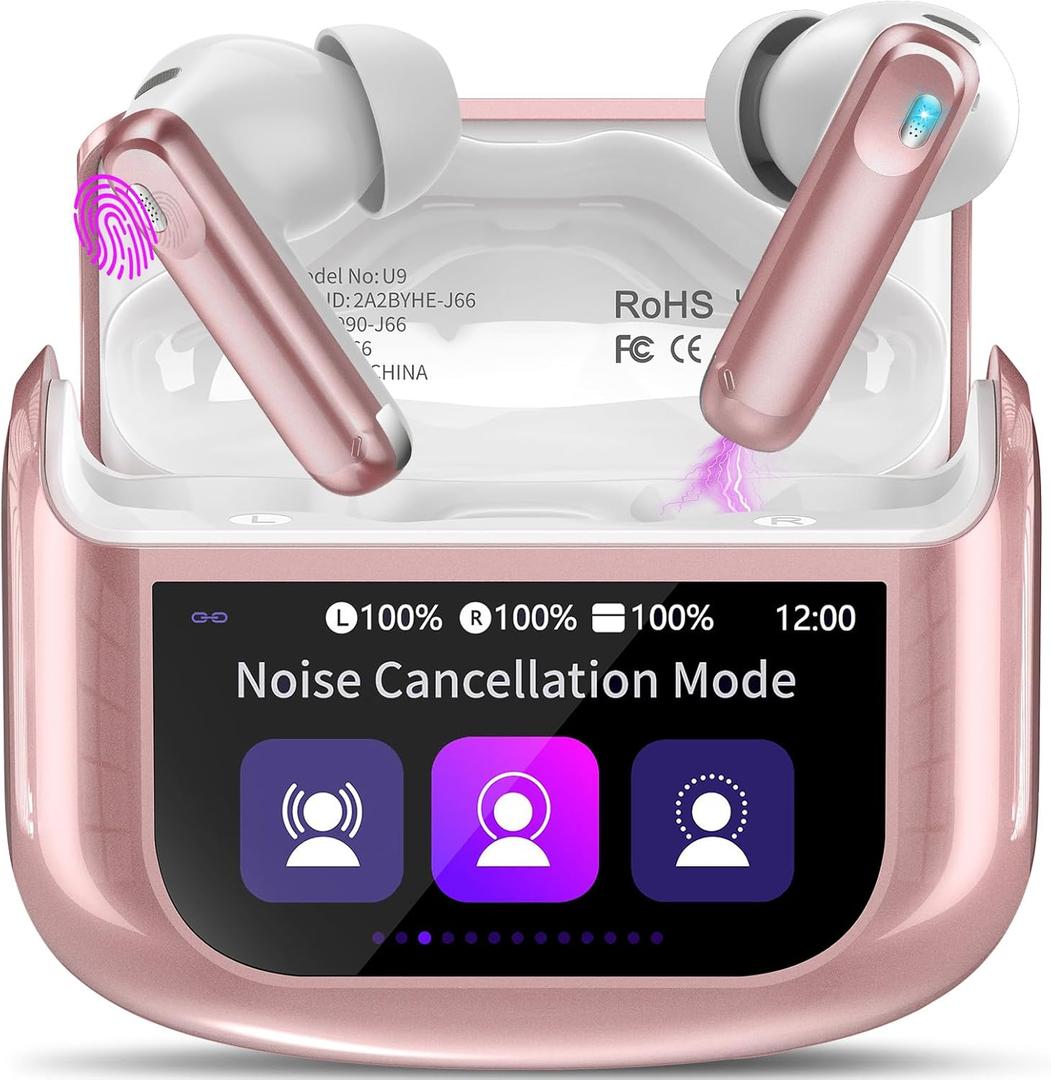 Thunelec Wireless Earbuds, Bluetooth 5.4 Headphones with Touch Screen, 48H Ear Buds with ANC/ENC Noise Cancelling/Transparency Mode, IPX7 Earphones with 5 EQ Modes, Cherry Pink
