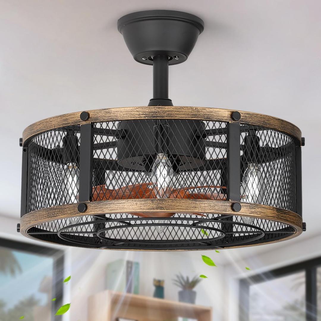 19" Farmhouse Caged Ceiling Fan with Light, 6-Lights, Rustic Ceiling Fans with Lights and Remote, Bladeless Ceiling Fan with Light for Kitchen, Living Room