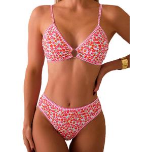 Fanuerg Women's Triangle Bikini Sets O Ring Linked Two Piece Swimsuits Floral Printed Cheeky Bathing Suit, Small, Red Floral