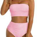 High Waisted Bandeau Bikini Set - Women Strapless Two Piece Swimsuits Ribbed Longline Full Coverage Bathing Suits Swimwear, L