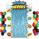 80PCS Hero Themed Birthday Party Decorations Supplies - Door Porch Banner Backdrop Balloons Blue Foil Fringe Curtains for Kids Birthday Baby Shower Classroom Photo Booth Prop