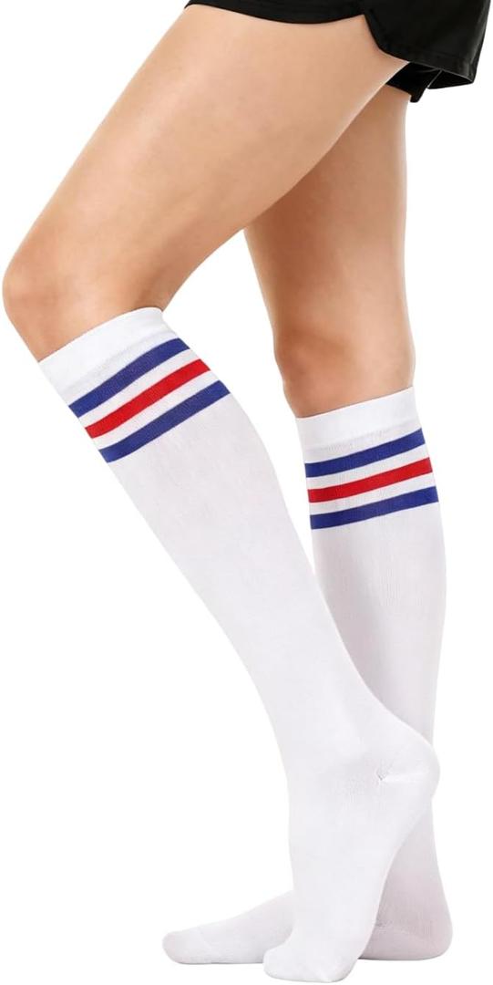 Retro Classic Triple Stripes knee length stockings for both men and women sporty knee high three stripe tube socks (White)