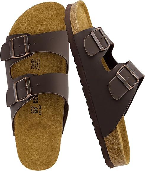 CUSHIONAIRE Lane Cork Footbed Mens Sandals, Adjustable Buckle Comfort Slides for Men, Genuine Leather Insole Summer Sandals Men Footwear No Size  Brown Nappa, Mens 9-10 