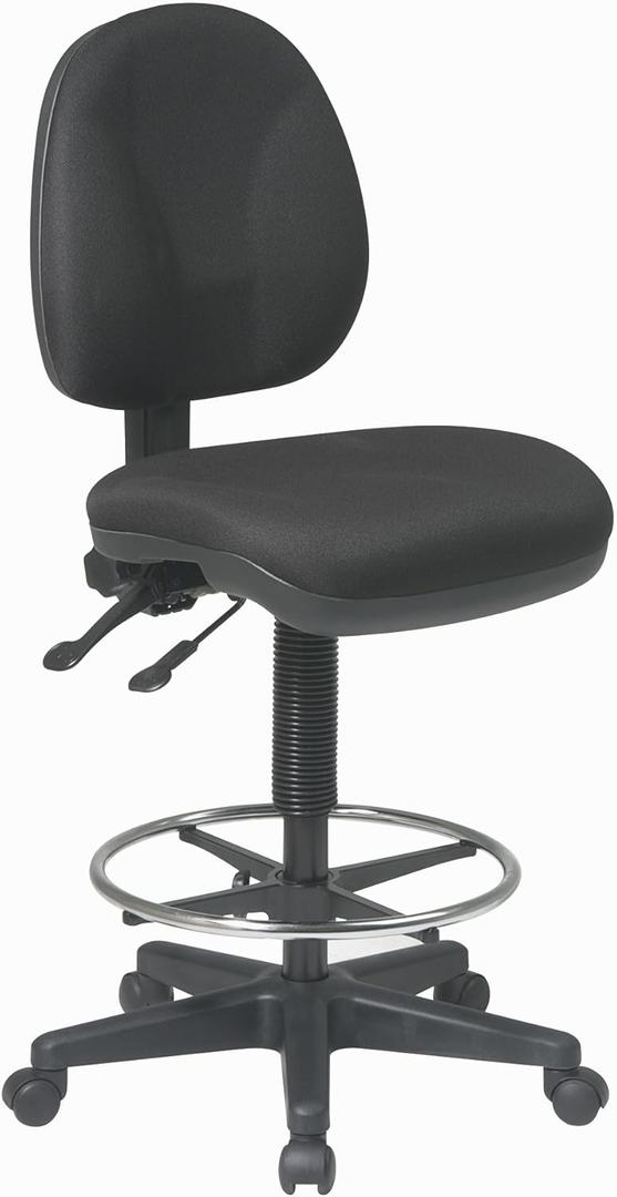 Office Star DC Series Deluxe Ergonomic Adjustable Padded Drafting Chair with 18.5 Inch Chromed Footring and Dual Wheel Carpet Casters, Icon Black Fabric, 19 W X 25 D X 46 H
