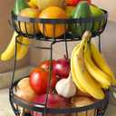 2 Tier Large Fruit Basket for Kitchen Counter with 2 Banana Hangers, Metal Stackable Fruit Bowl for Kitchen Counter for Bread Vegetable Fruits, Black