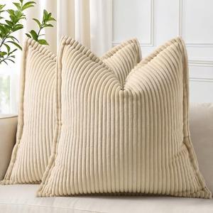 decorUhome Corduroy Beige Throw Pillow Covers 26x26 Set of 2 Decorative Soft Boho Striped Neutral Farmhouse Couch Pillow Covers with Broadside for Living Room Bed Sofa