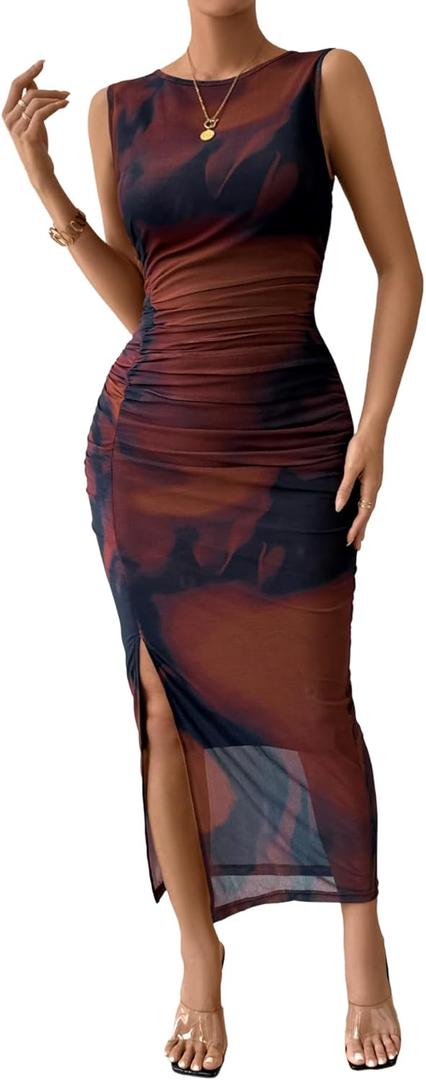 Milumia Women's Tie Dye Mesh Bodycon Maxi Dress Sleeveless Crew Neck Long Dresses (Large, Brown Multi)